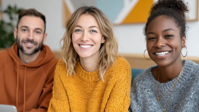 Smiling friends collaborating in cozy office environment