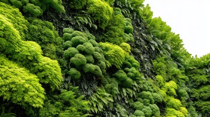 A vertical garden features various shades of green plants creating a stunning natural wall. The rich textures and layers enrich the environmental aesthetic in a modern city setting.