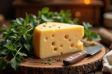 A block of Swiss cheese with holes on a wooden cutting board surrounded by fresh herbs and a knife. The background is a rustic kitchen with warm lighting