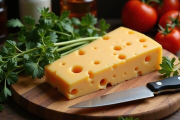 A block of Swiss cheese with holes on a wooden cutting board surrounded by fresh herbs and a knife. The background is a rustic kitchen with warm lighting