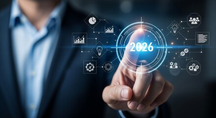 Business leader touches futuristic interface displaying 2026, planning digital transformation and global growth strategy