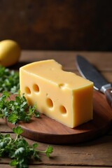 A block of Swiss cheese with holes on a wooden cutting board surrounded by fresh herbs and a knife. The background is a rustic kitchen with warm lighting