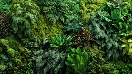 A vibrant display of lush green plants fills the space, featuring diverse foliage, including ferns and broadleaf varieties, set against a natural backdrop.
