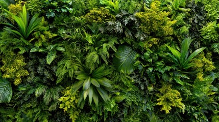 Vibrant green wall displays a variety of tropical plants, creating a lush and refreshing atmosphere. Different shades of green highlight the diversity of foliage in this natural setting.