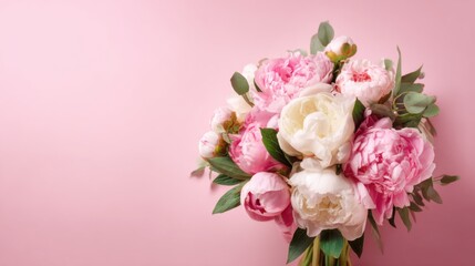 A vibrant bouquet featuring pastel pink and white peonies gathers lush green leaves, creating a fresh and elegant display against a soft pink backdrop, ideal for any occasion.
