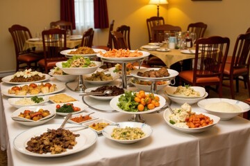A buffet table with desserts like cakes, fruits, and pastries on a decorated tablecloth. The background shows a festive room with balloons and lights