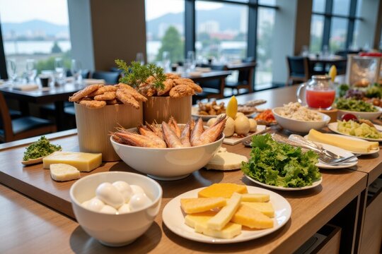 A buffet table filled with various dishes and plates arranged neatly. The background shows a cozy dining room with warm lighting and wooden furniture