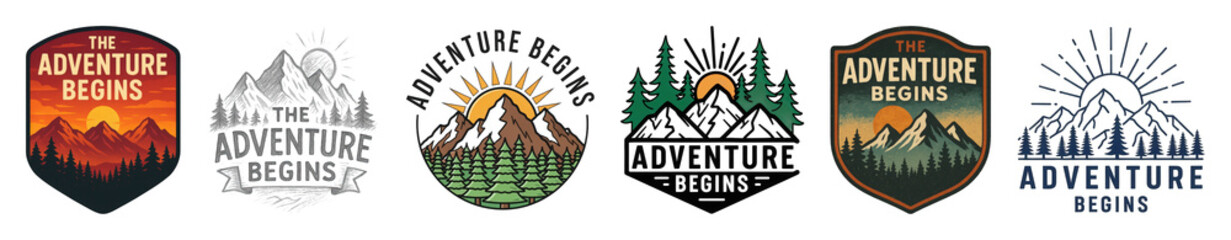 Mountain adventure badge set including retro, vintage, textured, and outline styles isolated. Outdoor travel and nature exploration designs.