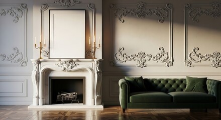 Elegant living room interior with fireplace ornate details plush sofa and refined ambiance
