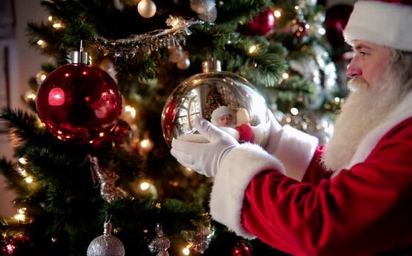  anta Claus is reaching out his hands towards a Christmas ornament. Christmas ball and brunches of Christmas tree are swaying, light shining and flickering