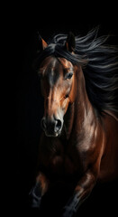 Close-up of a powerful brown horse with flowing mane against black background. Concept of strength, elegance, freedom and equestrian beauty
