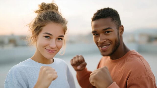 Joyful friends shadowboxing playfully outdoors during sunset
