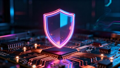Cyberpunk style digital shield with neon glow, floating above electronic circuit board