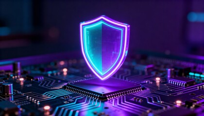 Cyberpunk style digital shield with neon glow, floating above electronic circuit board