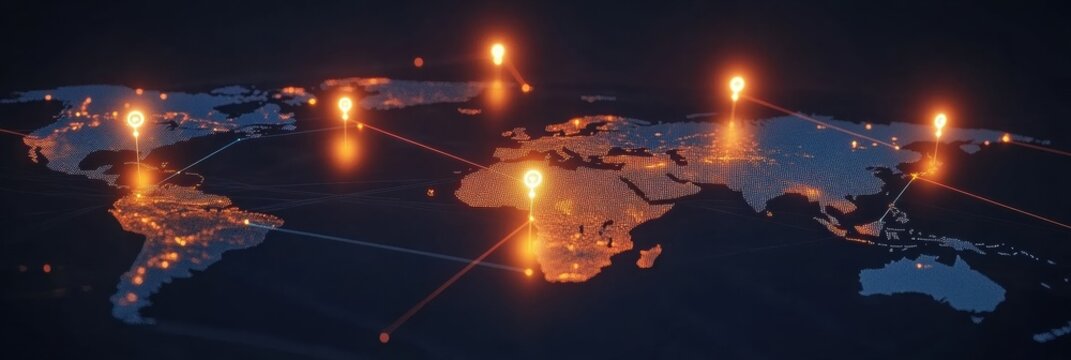 Global digital connectivity map showcasing light points in major cities around the world with vibrant colors on a dark background