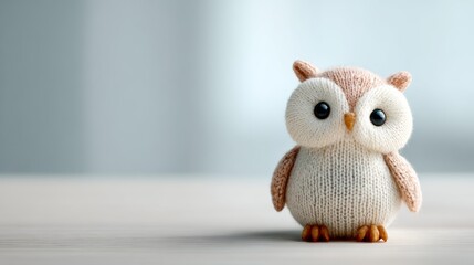 Cute handmade owl figurine standing on wooden surface indoors  