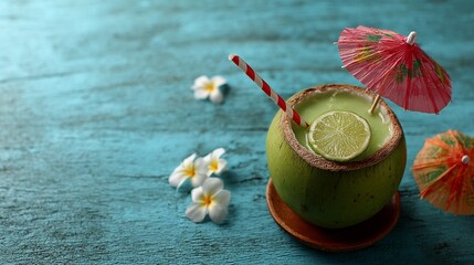 Refreshing coconut water cocktail with lime and straw, tropical paradise vibes on a rustic blue background