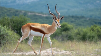 Naklejka premium A springbok strides gracefully across a grassy field, showcasing its distinct coat pattern and long, curved horns. Lush green vegetation surrounds the vibrant animal under a clear sky.
