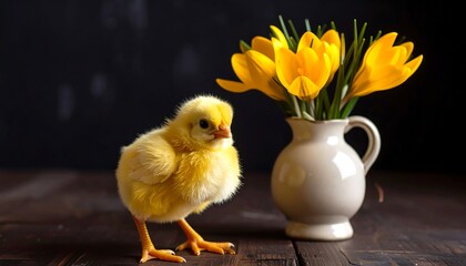A fluffy yellow chick near a vase of crocuses