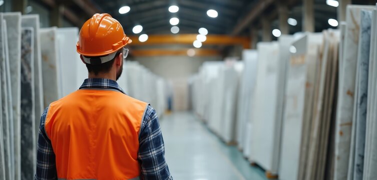 Male worker wearing hard hat, safety vest inspects large marble slabs in warehouse. Rows of building material stored. Industrial interior, quality control task, professional craftsmanship.