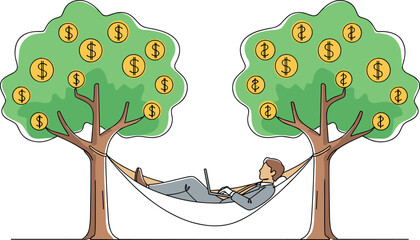 Businessman relaxing in hammock earning passive income under money trees, financial freedom concept, remote work success, wealth generation vector illustration