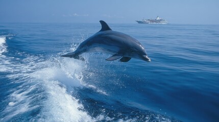 A dolphin leaps gracefully from the blue ocean water with a cruise ship visible in the distance. It is a clear, sunny day, perfect for observing marine life.