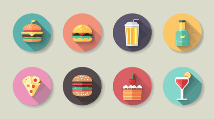 Fast Food Icons Burger Pizza Drinks Cake.