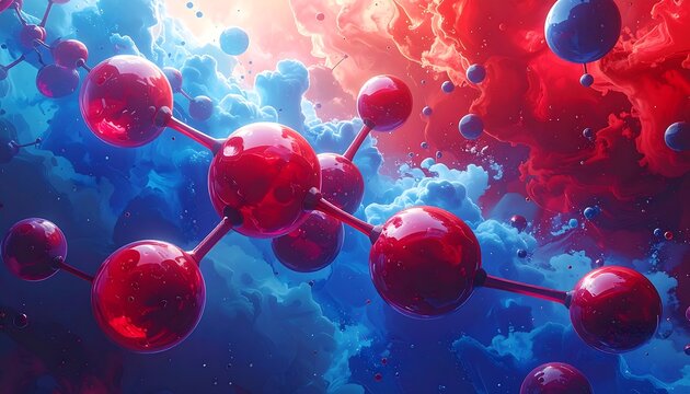 Vibrant red and blue molecules float in a swirling, abstract background of liquid paint, creating a dynamic and captivating visual. - Powered by Adobe