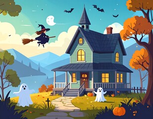 Halloween witch flying over haunted house