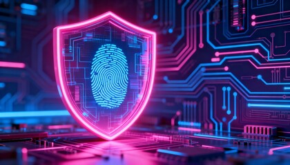 cyber security shield with neon glow, holographic circuit board background, vibrant pink and blue colors, 3D futuristic interface, secure digital fingerprint inside the shield