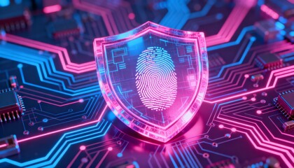 cyber security shield with neon glow, holographic circuit board background, vibrant pink and blue colors, 3D futuristic interface, secure digital fingerprint inside the shield