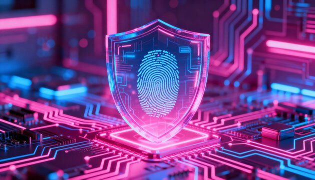cyber security shield with neon glow, holographic circuit board background, vibrant pink and blue colors, 3D futuristic interface, secure digital fingerprint inside the shield - Powered by Adobe