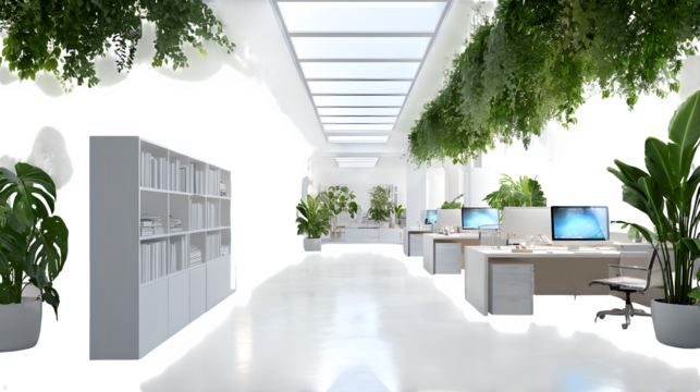 Modern office with abundant greenery isolated on white background