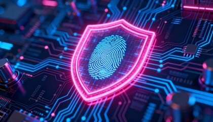 cyber security shield with neon glow, holographic circuit board background, vibrant pink and blue colors, 3D futuristic interface, secure digital fingerprint inside the shield