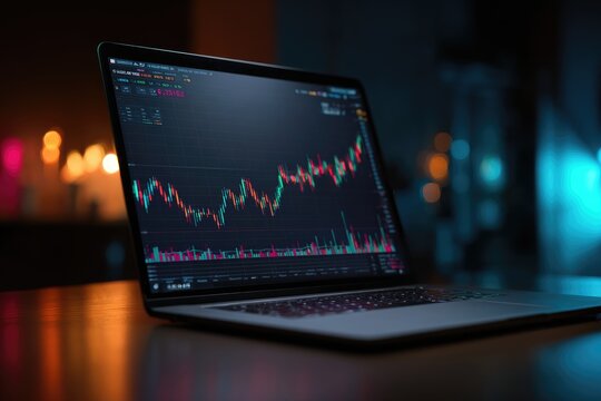 Trading laptop displays financial chart at night with colorful market data on screen