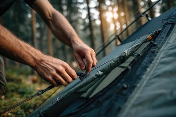 Setting up a tent in a forest at sunset while enjoying nature in a peaceful outdoor environment