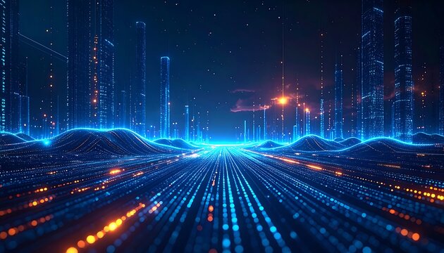 A vibrant digital city at night, featuring glowing buildings on the horizon, with lines of data creating a futuristic urban landscape - Powered by Adobe