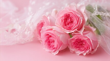 Beautiful pink roses are carefully arranged on a light pink surface, showcasing their lush blooms and soft petals, creating a romantic atmosphere suitable for various celebrations.