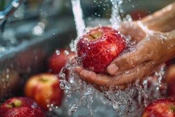 Fresh apples being washed under running water in a kitchen sink on a sunny afternoon