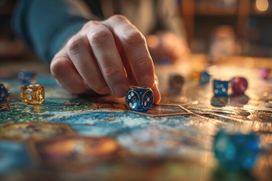 Adult friends enjoying a board game night in a cozy living room with colorful dice and game pieces spread out on the table