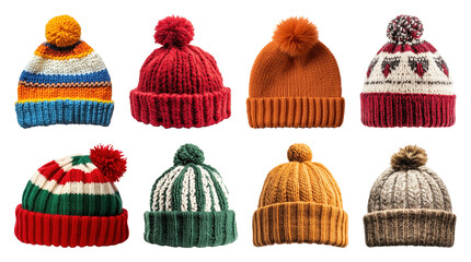 PNG Colorful knitted winter hats collection, element set on transparent background