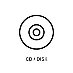 Black line drawing depicts a CD/disk icon. Minimal style design for icons, web graphics, and presentations.