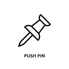 Black line icon shows push pin, a vector illustration for UI/UX design, presentations, and digital projects on a white background.