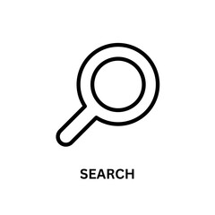 Black line drawing shows a search icon. Minimalist style for social media, UI/UX design, posters, and presentations.