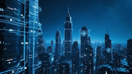 Futuristic city skyline at night with glowing skyscrapers and digital overlays under a starry sky - Powered by Adobe