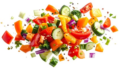 Colorful vegetable slices, vibrant and fresh, explode in a dynamic display against a pure white background.