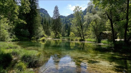 Obraz premium A tranquil lake reflects the surrounding green trees and clear blue sky. Sunlight filters through the foliage, creating a peaceful natural setting, perfect for relaxation and exploration.