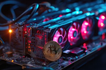Bitcoin mining setup showcases powerful graphics cards amid glowing lights and digital currency coin