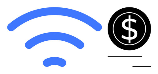 Blue wireless signal and black dollar sign in a circle, conveying connectivity, expenses, technology, or billing. Ideal for internet cost, online payment, budget, wireless fees finance digital