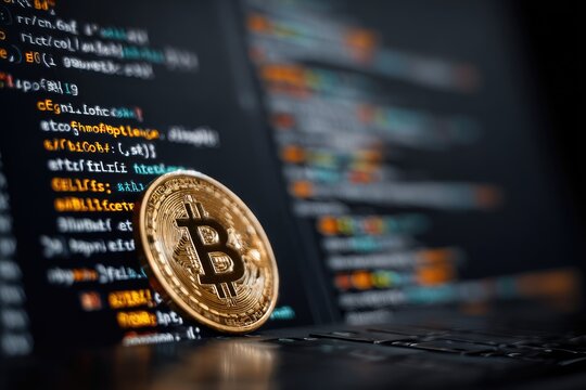 Bitcoin cryptocurrency coin placed on a laptop keyboard with code displayed on the screen in a dimly lit environment